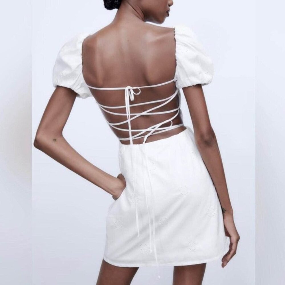 Zara White Lace Up Back Puff Sleeve Mini Dress - Size Large (fits like Medium)